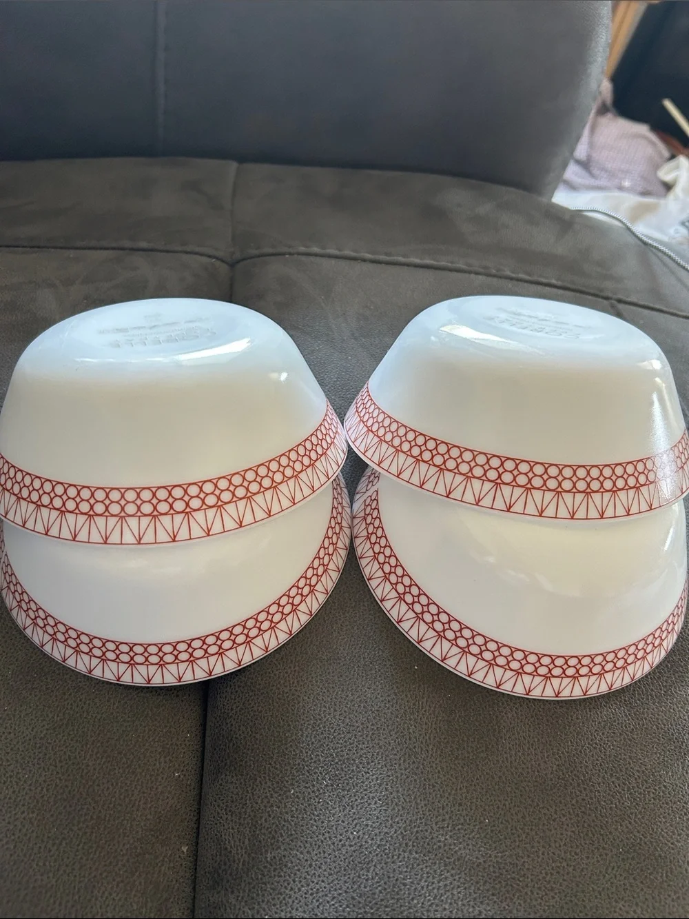 White Party Serving Bowls with Red Geometric Trim - Corelle (4 pcs. New)